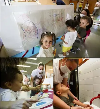  ??  ?? Une heure dans la classe en demi-groupe pour cette classe des tout-petits de Sybil, à l’école Eugène-Vial. Au programme, dessin, peinture et... lavage des mains !!! (Photos Sébastien Botella)