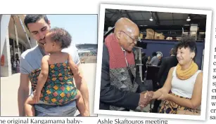  ??  ?? The original Kangamama babywrap has a panel of colourful African print. Ashle Skaftouros meeting President Jacob Zuma at this year’s World Economic Forum.