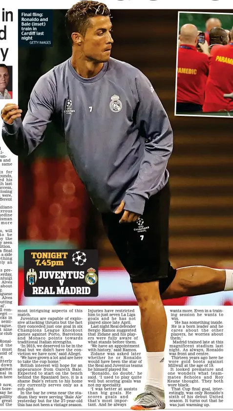  ??  ?? Final fling: Ronaldo and Bale (inset) train in Cardiff last night