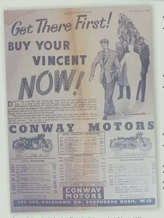  ?? ?? A Conway Motors advert taken from The Motor Cycle magazine in February 1952