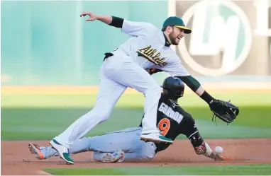  ?? RAY CHAVEZ/STAFF ?? A’s infielder Jed Lowrie (8) can’t get the throw as the Miami Marlins’Dee Gordon steals second in Tuesday’s game at the Oakland Coliseum. The Marlins won 11-9. Oakland has averaged an error a game this season.