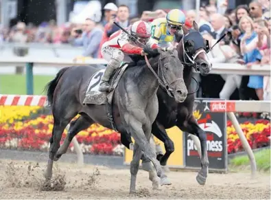  ?? ROB CARR/GETTY IMAGES ?? Cloud Computing, ridden by Javier Castellano, left, edges past Classic Empire and Julien Leparoux to win the 142nd running of the Preakness Stakes at Pimlico Race Course on Saturday.