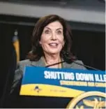  ?? AP ?? Gov. Hochul speaks at a news conference last month about the proliferat­ion of illegal cannabis stores in New York.