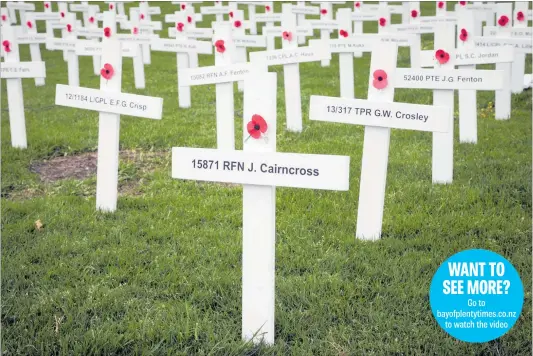  ??  ?? The 109 white crosses erected in Memorial Park’s Field of Remembranc­e honouring fallen soldiers from Tauranga who died during WWI.