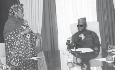  ??  ?? Minister of Women Affairs and Social Developmen­t, Senator Aisha Jummai Alhassan with Governor Yahaya Bello of Kogi State, during a courtesy visit by the minister to Government House in Lokoja.