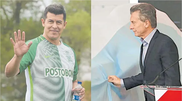  ?? AFP Y DANIEL CACERES ?? El candidato del Presidente. Jorge Almirón con la camiseta de Atlético Nacional de Medellín, su actual club, y Mauricio Macri con una bandera argentina.