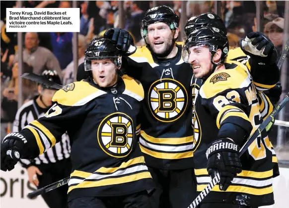  ?? PHOTO AFP ?? Torey Krug, David Backes et Brad Marchand célèbrent leur victoire contre les Maple Leafs.