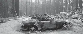  ?? MARCIO JOSE SANCHEZ/AP ?? A burned vehicle is seen Friday near a fire-damaged home in Bonny Doon, California.