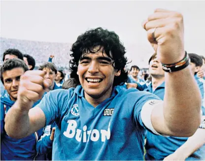  ??  ?? Maradona, above, celebrates winning the Italian league title with Napoli. Below left, in 2009, as Argentina coach, celebratin­g victory against Peru in a World Cup qualifier, and right, presenting Pope Francis with a football shirt at the Vatican in 2014