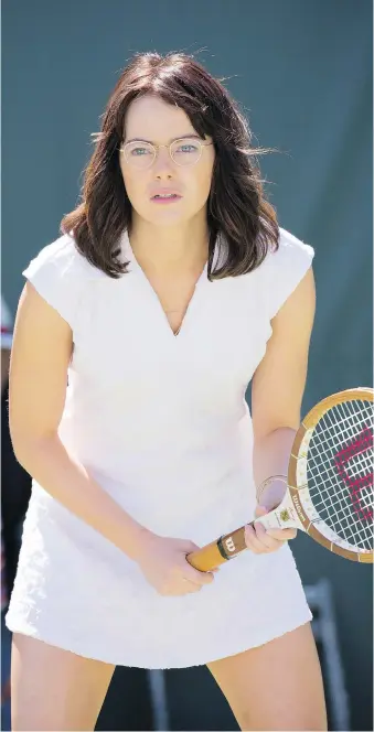  ?? FOX SEARCHLIGH­T PICTURES ?? “I have never played tennis, but I had an incredible tennis double,” Emma Stone says of her role portraying tennis great Billie Jean King, seen in photo at top with Stone and co-star Steve Carell.