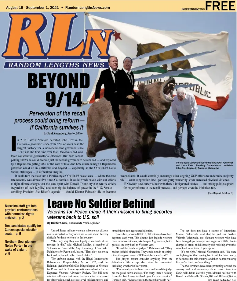  ??  ?? On the bear: Gubernator­ial candidates Kevin Faulconer and Larry Elder. Standing: Gubernator­ial candidate John Cox. Graphic by Suzanne Matsumiya