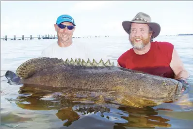  ?? COURTESY OF KEITH SUTTON ?? Fishing guide Ryan Rowan, left, helps Keith Sutton lift a 450-pound goliath grouper for a photograph. It’s the biggest fish Sutton has ever caught.