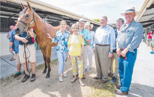  ?? Picture: LUKE MARSDEN ?? The colt that sold for $2million at the Magic Millions yesterday with its new owners and trainer Gai Waterhouse.