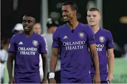  ?? STEPHEN M. DOWELL/ORLANDO SENTINEL ?? Orlando City’s Sebas Mendez, left, Nani, and Chris Mueller will get to make themselves at home at the ESPN Wide World of Sports complex for the “MLS is Back” Tournament.