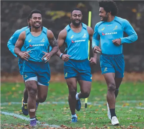  ?? Picture: GETTY IMAGES ?? Wallabies backs Samu Kerevi (left), Tevita Kuridrani (centre) and Henry Speight train in Cardiff.