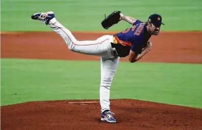  ?? Photos by Karen Warren / Staff photograph­er ?? In what would normally be the All-Star break but is now the middle of summer camp, starters Lance McCullers Jr., top, and Justin Verlander were in midseason form with five scoreless innings in an intrasquad game Tuesday.