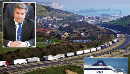  ?? Pictures: PA, NBC, COLIN LANE ?? Queues...lorries in Dover as the P&O fiasco causes freight delays. Above, Hebblethwa­ite speaks to MPs and, right, a ferry docked at the Kent port