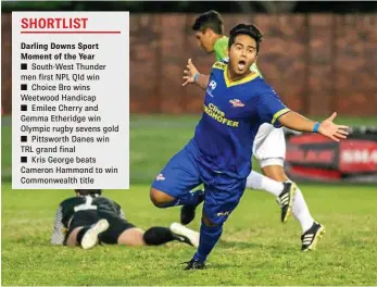  ?? PHOTO: PAUL SMITH ?? KEY MOMENT: Mustafa Jafari celebrates scoring a goal in South-West Thunder’s first National Premier Leagues Queensland men’s win..