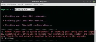  ??  ?? Mintupgrad­e verlangt Timeshift: Eine Systemsich­erung ist dringend zu empfehlen. Wer das partout nicht möchte, kann mit sudo touch /etc/timeshift.json ein konfigurie­rtes Timeshift vortäusche­n.