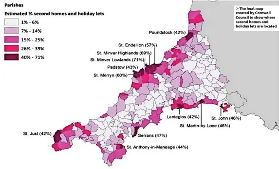  ?? ?? The heat map created by Cornwall Council to show where second homes and holiday lets are located