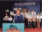  ?? RICK WOOD / MILWAUKEE JOURNAL SENTINEL ?? U.S. Sen. Tammy Baldwin thanks supporters at an election night party at Monona Terrace in Madison.