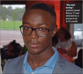  ??  ?? “Shy and loving”: student Jamel Boyce, 17, was attacked by a group of up to 10 youths