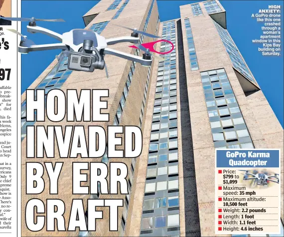  ??  ?? HIGH ANXIETY: A GoPro drone like this one crashed through a woman’s apartment window in this Kips Bay building on Saturday.
