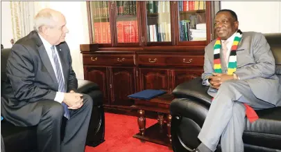  ?? — Picture by Memory Mangombe ?? President Mnangagwa meets Greek envoy, deputy Foreign Affairs Minister Terence Quick, who paid him a courtesy call at his Munhumutap­a Offices in Harare yesterday.