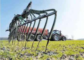  ?? FOTO: PHILIPP SCHULZE/DPA ?? Bei der Gülleausbr­ingung werden längst genauere Verfahren als früher angewendet. Trotzdem drohen weitere Einschnitt­e.