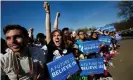  ??  ?? Supporters cheer for Bernie Sanders at a presidenti­al campaign rally in Prospect Park in Brooklyn, New York, on 17 April 2016. Photograph: Justin Lane/EPA