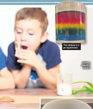  ??  ?? The rainbow in a jar experiment
Children making a volcano