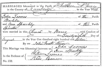  ??  ?? The record of the marriage of John Loomes and Ann Speechly, which took place on 28 August 1816