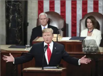  ?? AP PHOTO/ ANDREW HARNIK ?? President Donald Trump delivers his State of the Union address to a joint session of Congress on Capitol Hill in Washington, as Vice President Mike Pence and Speaker of the House Nancy Pelosi, D-Calif., watch, on Tuesday.