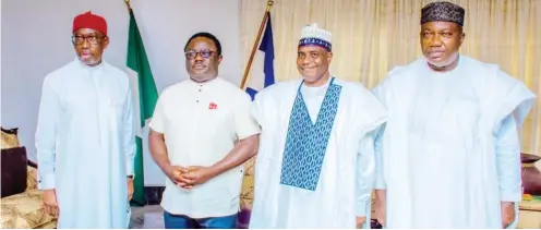  ??  ?? From left: Delta State Governor Ifeanyi Okowa, Prof. Ben Ayade of Cross River State, Chairman of the People’s Democratic Party Governors Forum (PDP-GF), Aminu Waziri Tambuwal of Sokoto State and Ifeanyi Ugwuanyi of Enugu State when the chairman visited Cross River to resolve intra-party conflict in the state
