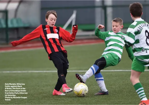  ??  ?? Eoin Murphy, Killarney Celtic against Mark O’Brien, The Park in the Kerry Schoolboys Under 11 at Celtic Park, Killarney on Saturday
Photo by Michelle Cooper Galvin