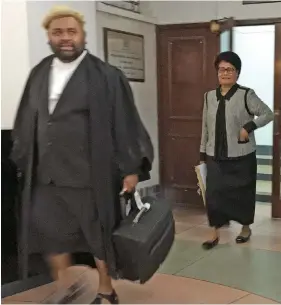  ?? Photo: Ashna Kumar ?? SODELPA Member of Parliament Salote Radrodro with her lawyer Simione Valenitabu­a outside the Anti-Corruption High Court in Suva on June 28, 2022.