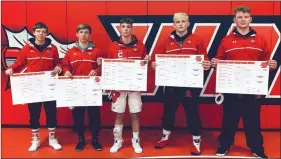  ?? Courtesy Photo ?? Broken Bow had 5 wrestlers win individual championsh­ips in their respective weight class. Pictured above from left are Trey Garey at 120, Schylar Campbell at 126, Patrick Powers at 132, Lathan Duda at 182 and Keifer Anderson at 220.