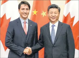  ?? XINHUA NEWS AGENCY ?? Chinese President Xi Jinping, right, meets with Canadian Prime Minister Justin Trudeau in Beijing, China, in this Aug. 31, 2016, file photo, where China welcomed Canada’s decision to apply to be a member of the Asian Infrastruc­ture Investment Bank.