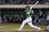  ?? GODOFREDO A. VÃ¡SQUEZ — THE ASSOCIATED PRESS ?? Oakland Athletics’ Sean Murphy hits an RBI-double against the Chicago White Sox during the fifth inning of a baseball game in Oakland Friday.