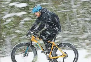  ?? AP PHOTO ?? In this file photo a fat tire bicyclist rides on a cross country ski trail during a race at the Sugarloaf ski resort in Carrabasse­tt Valley, Me. The mountain bikes with comically large tires have been around for a decade, but they’ve come into the...