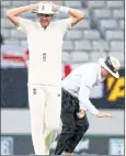  ??  ?? Stuart Broad of England reacts as rain falls during the third day of the day-night Test at Eden Park in Auckland on Saturday.