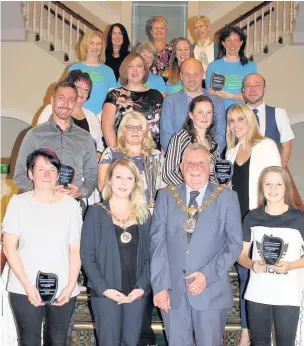  ??  ?? Winners at the Hyndburn Community Sports awards 2017 with mayor Peter Britcliffe