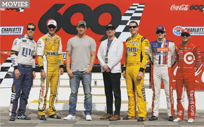  ?? Chuck Burton / Associated Press ?? NASCAR’s Brad Keselowski (left) and Joey Logano, actor Channing Tatum, director Steven Soderbergh and drivers Kyle Busch, Ryan Blaney and Kyle Larson.