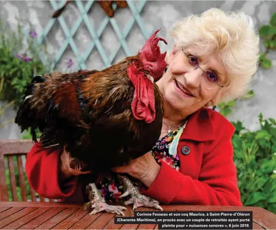  ??  ?? Corinne Fesseau et son coq Maurice, à Saint-pierre-d'oléron (Charente-maritime), en procès avec un couple de retraités ayant porté plainte pour « nuisances sonores », 6 juin 2019.