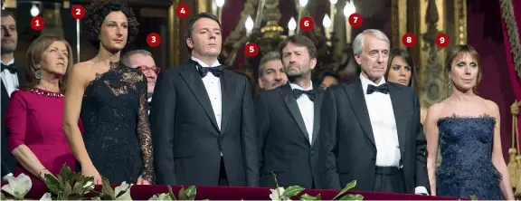  ??  ?? 1
2
3
4
5
6
7
8
9 Palco d’onore
4 Il premier Matteo Renzi con 2 la moglie Agnese Landini; 3 il governator­e lombardo Roberto Maroni e 1 la moglie Emilia Macchi;
5 il presidente del Consiglio regionale Raffaele Cattaneo, 7 il sindaco di Milano...