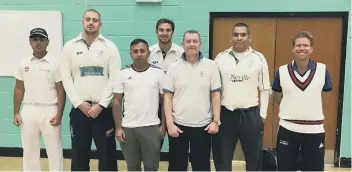  ??  ?? Ufford Park won their opening match in the Hunts Indoor Cricket League, from left, Ibrahim Javed, Joe Harrington, Waheed Javed, Andy Larkin, Jan Neville, Sandeep Dahiya and Jonathan Bigham.