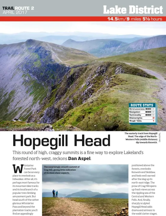  ??  ?? The surprising­ly smooth summit of Crag Hill, giving little indication of its more sheer aspects. The easterly track from Hopegill Head. The edge of the NorthWeste­rn Fells (middle distance) dip towards Keswick.