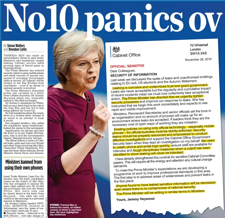  ??  ?? STERN: Theresa May is behind the memo, an edited version of which is reprinted here. We have highlighte­d key sentences