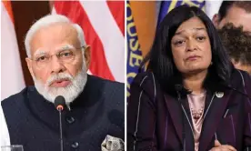  ?? Photograph: Mandel Ngan/AFP/Getty Images; Nathan Posner/Shuttersto­ck ?? Left: Narendra Modi, India’s prime minister. Right: Pramila Jayapal, who circulated a letter urging Biden to acknowledg­e the erosion of human rights and democracy in India.