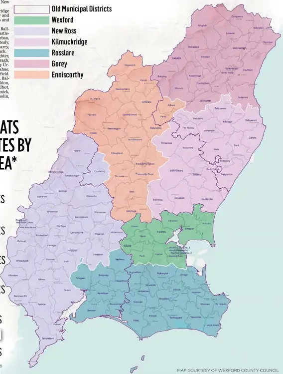  ??  ?? Old Municipal Districts Wexford
New Ross Kilmuckrid­ge Rosslare
Gorey Enniscorth­y